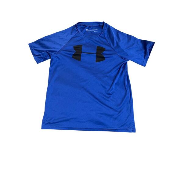 Under Armour Size Youth Small Loose Fit‎ Short Sleeve Athletic T-Shirt Blue Logo - Picture 1 of 3